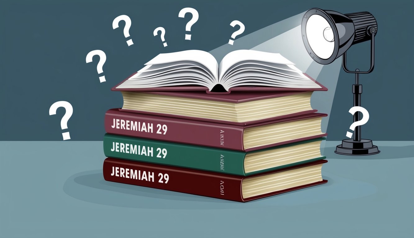 A stack of open books with "Jeremiah 29" on the spine, surrounded by question marks and a spotlight highlighting the title