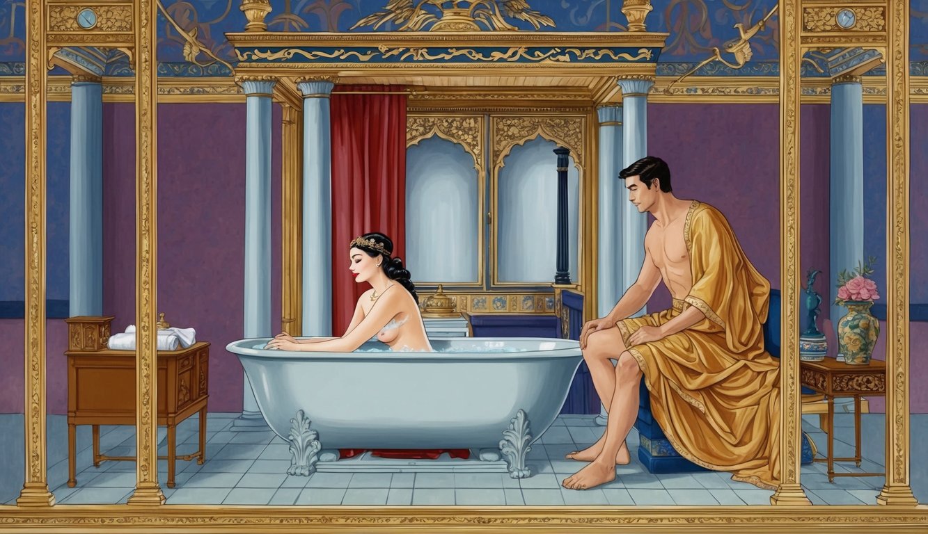 A king's palace with a woman at a bath, watched by a man