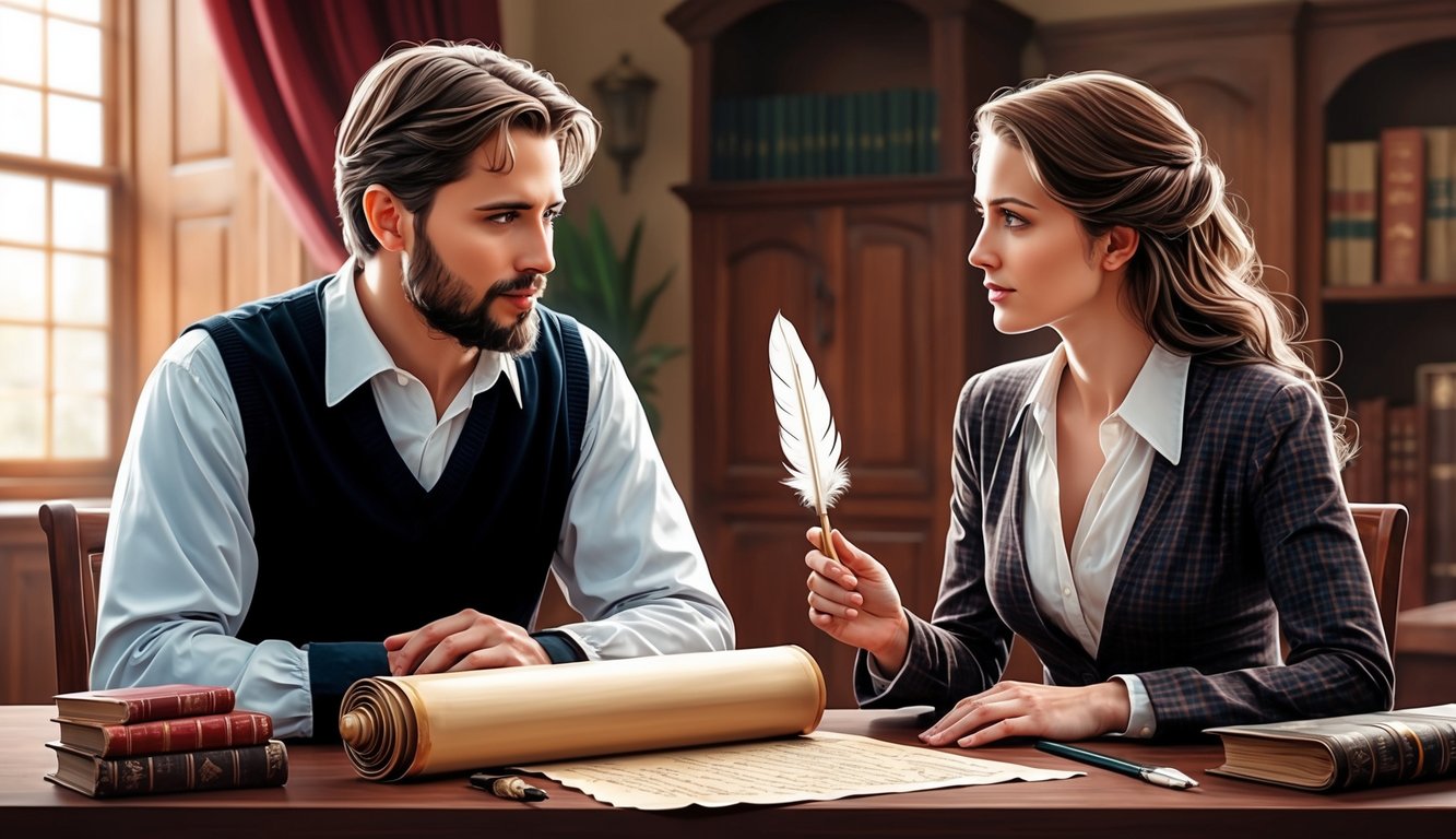 A man and woman discussing with scrolls and quill pens