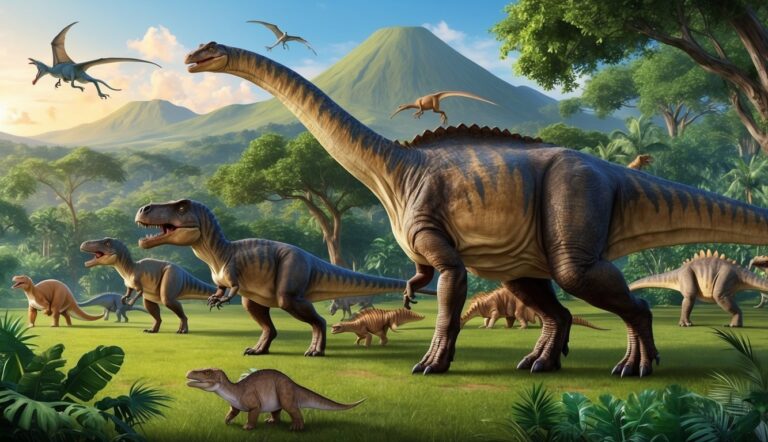 Dinosaurs of various sizes in a lush green landscape with mountains