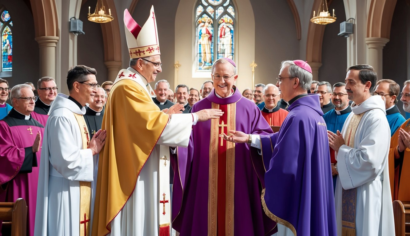 A bishop laying hands on a deacon, surrounded by clergy and congregation in a Catholic church