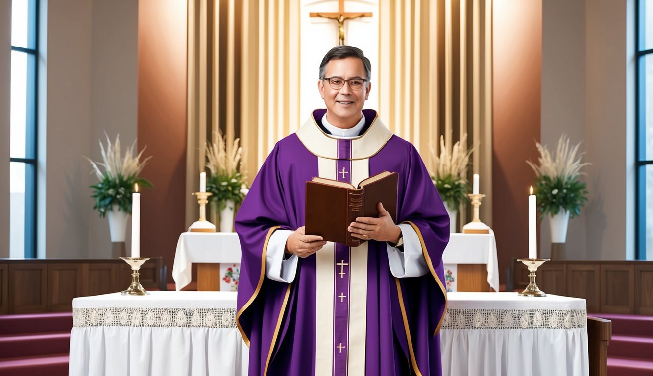 A deacon in traditional robes holding a Bible and standing at the altar in a modern Catholic church