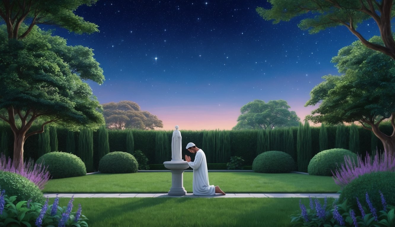 A serene garden with a solitary figure kneeling in prayer under a starry night sky