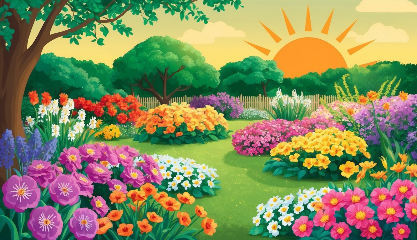 A blooming garden with vibrant flowers, a rising sun, and a sense of renewal and rebirth