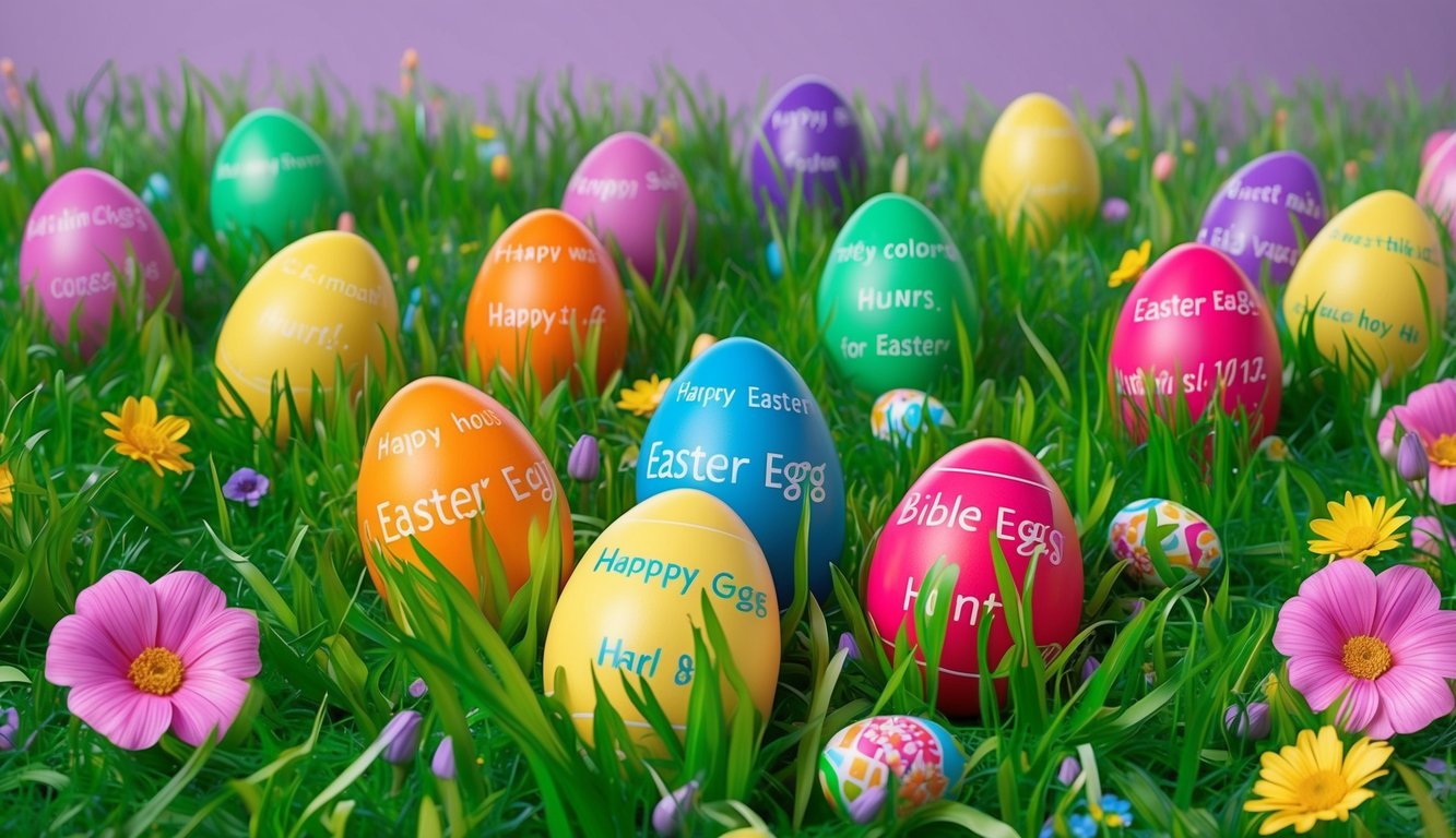 A colorful Easter egg hunt with Bible verses scattered among the grass and flowers