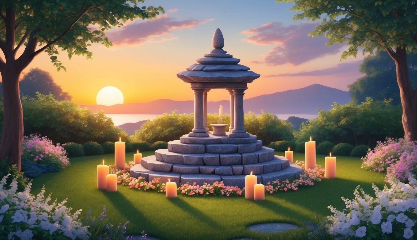 A peaceful garden with a small stone altar, surrounded by candles and flowers, as the sun sets in the background