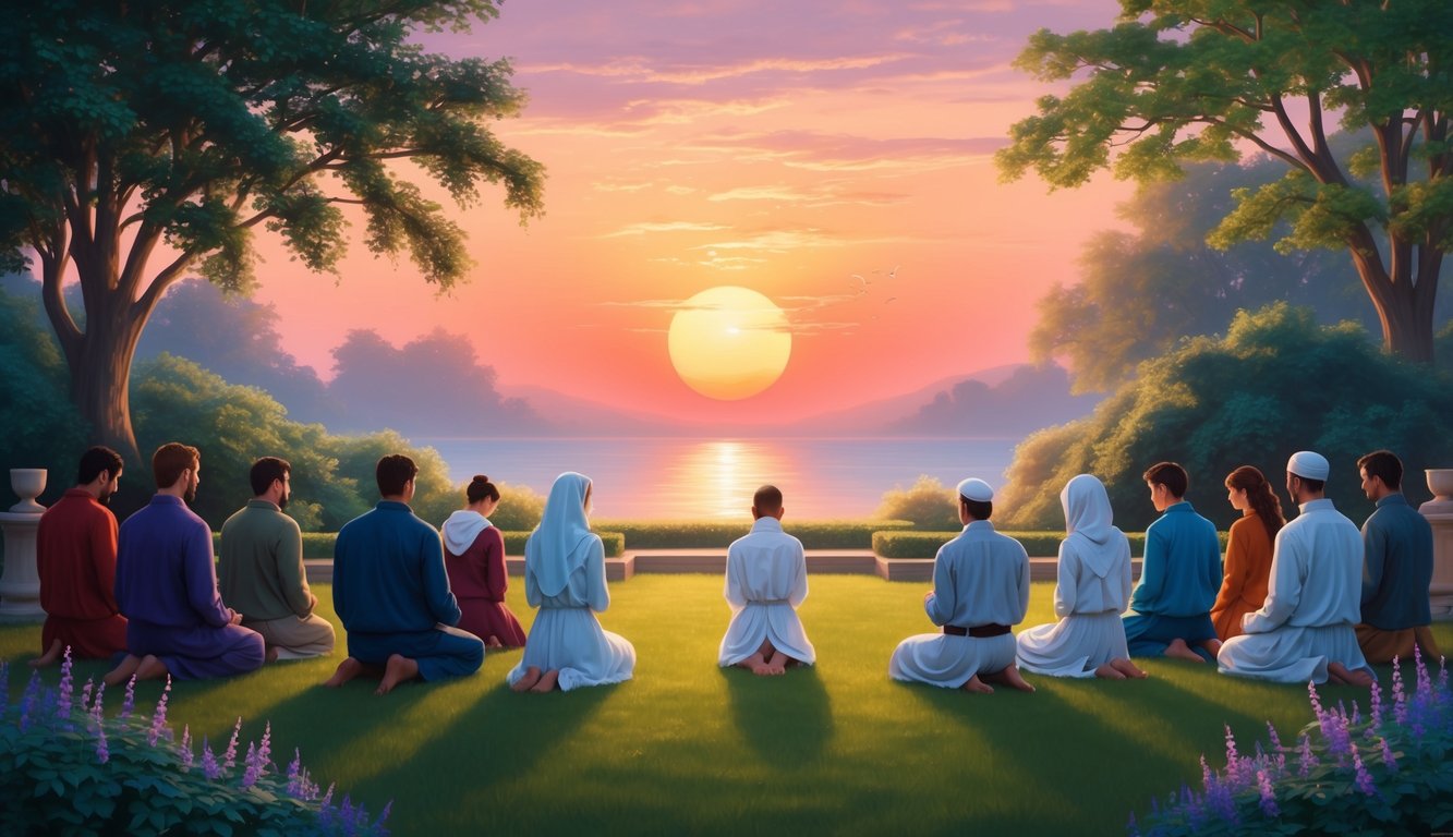 A serene sunset over a tranquil garden with a small group of people gathered in prayer