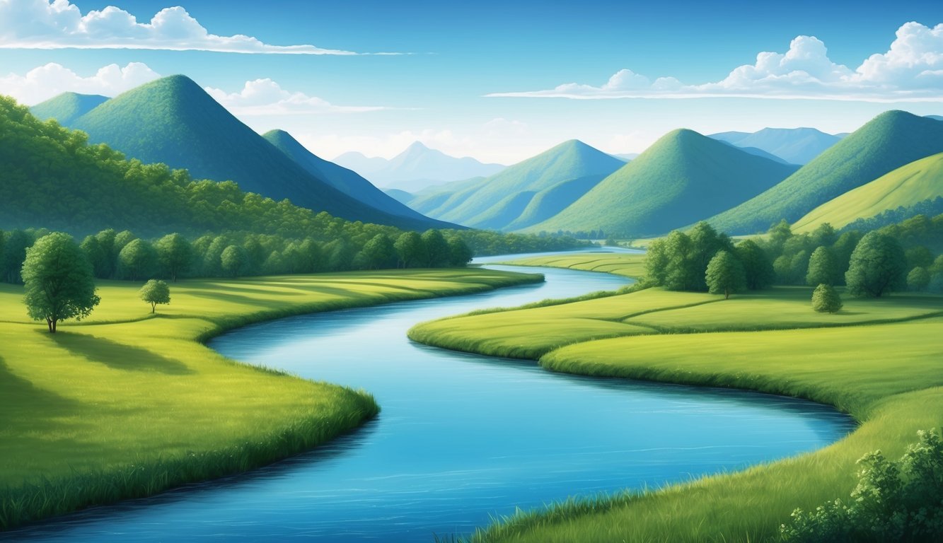 A serene landscape with a tranquil river flowing through a lush green valley, surrounded by mountains under a clear blue sky