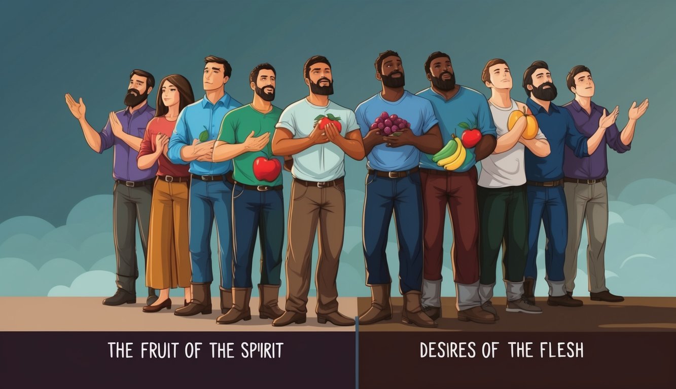 A group of believers facing trials, with a clear contrast between the fruits of the Spirit and the desires of the flesh