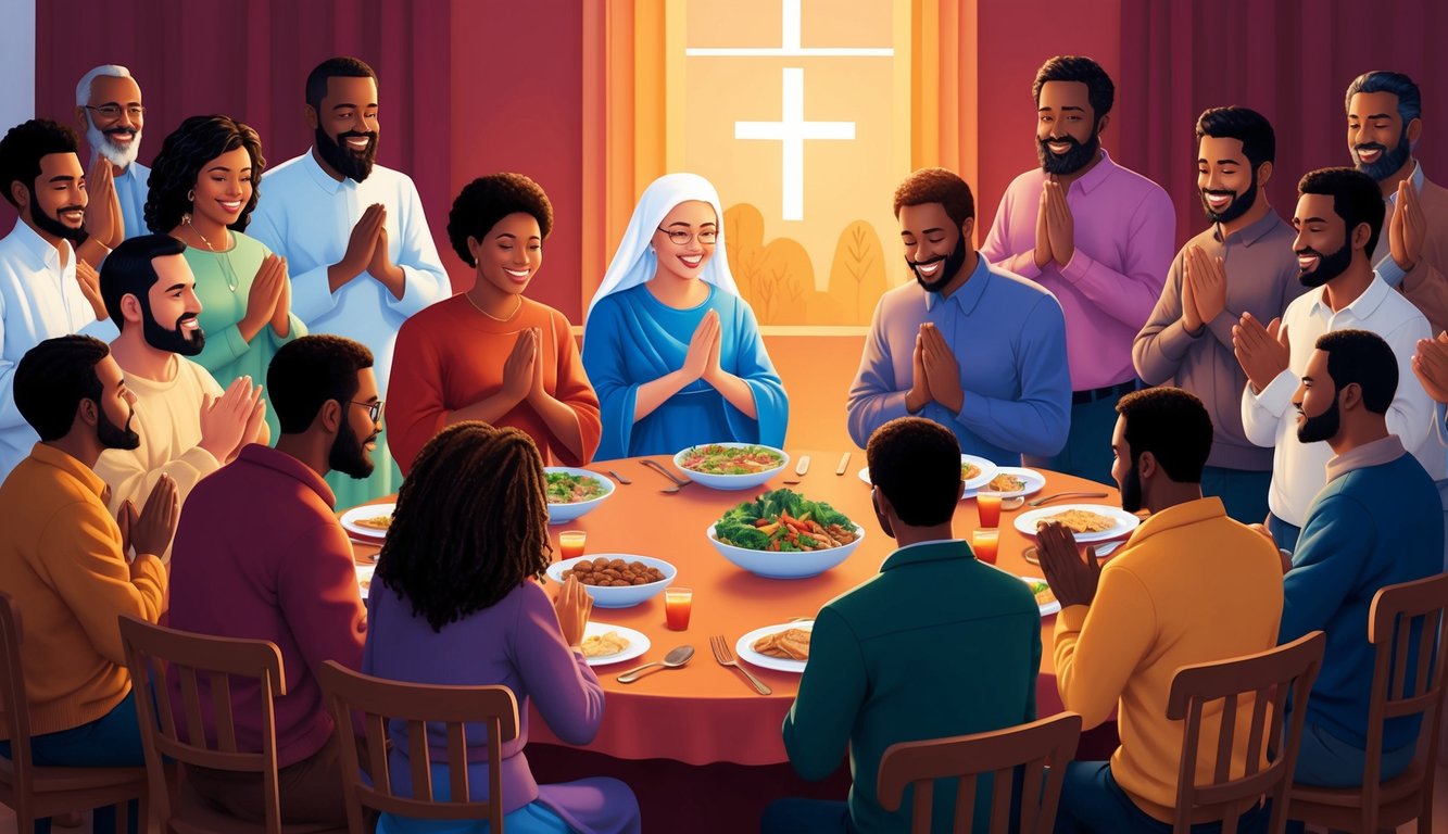 A group of believers gather in unity, sharing meals and praying together in a warm, welcoming atmosphere