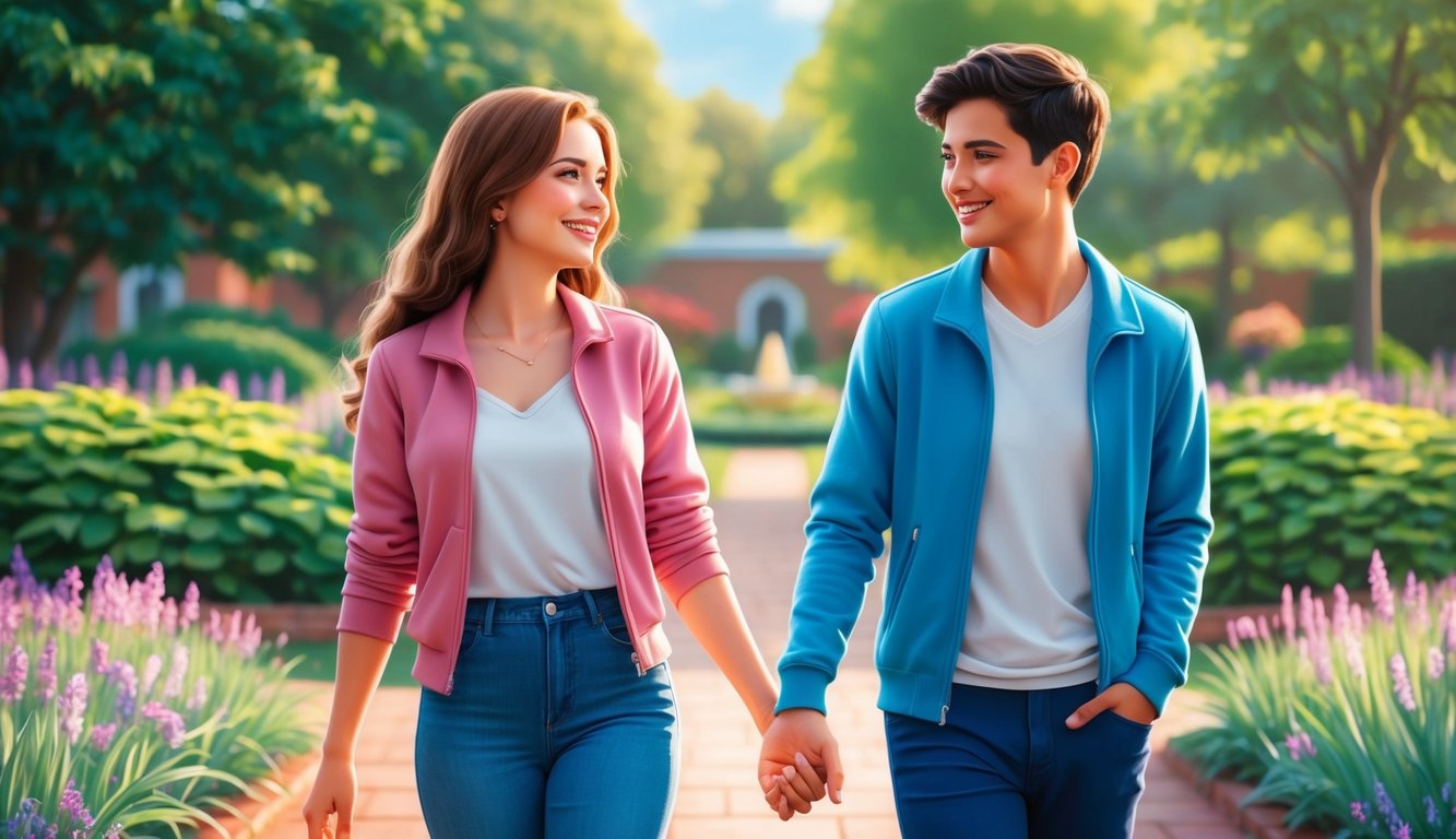 Two friends walking side by side, sharing a peaceful moment in a beautiful garden.</p><p>They are smiling and engaged in deep conversation, showing true friendship