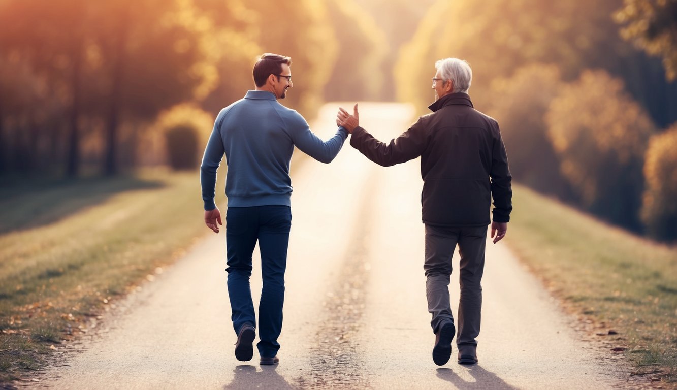 Two figures walking side by side on a path, with one offering a supportive gesture to the other.</p><p>The scene is filled with warmth and companionship