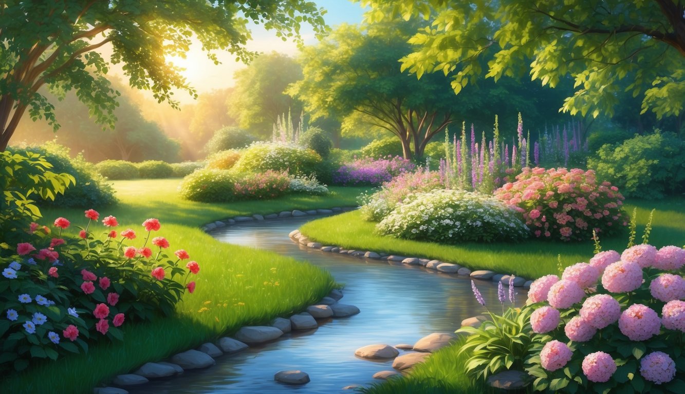 A serene garden with blooming flowers and a gentle stream, surrounded by lush greenery and bathed in warm sunlight