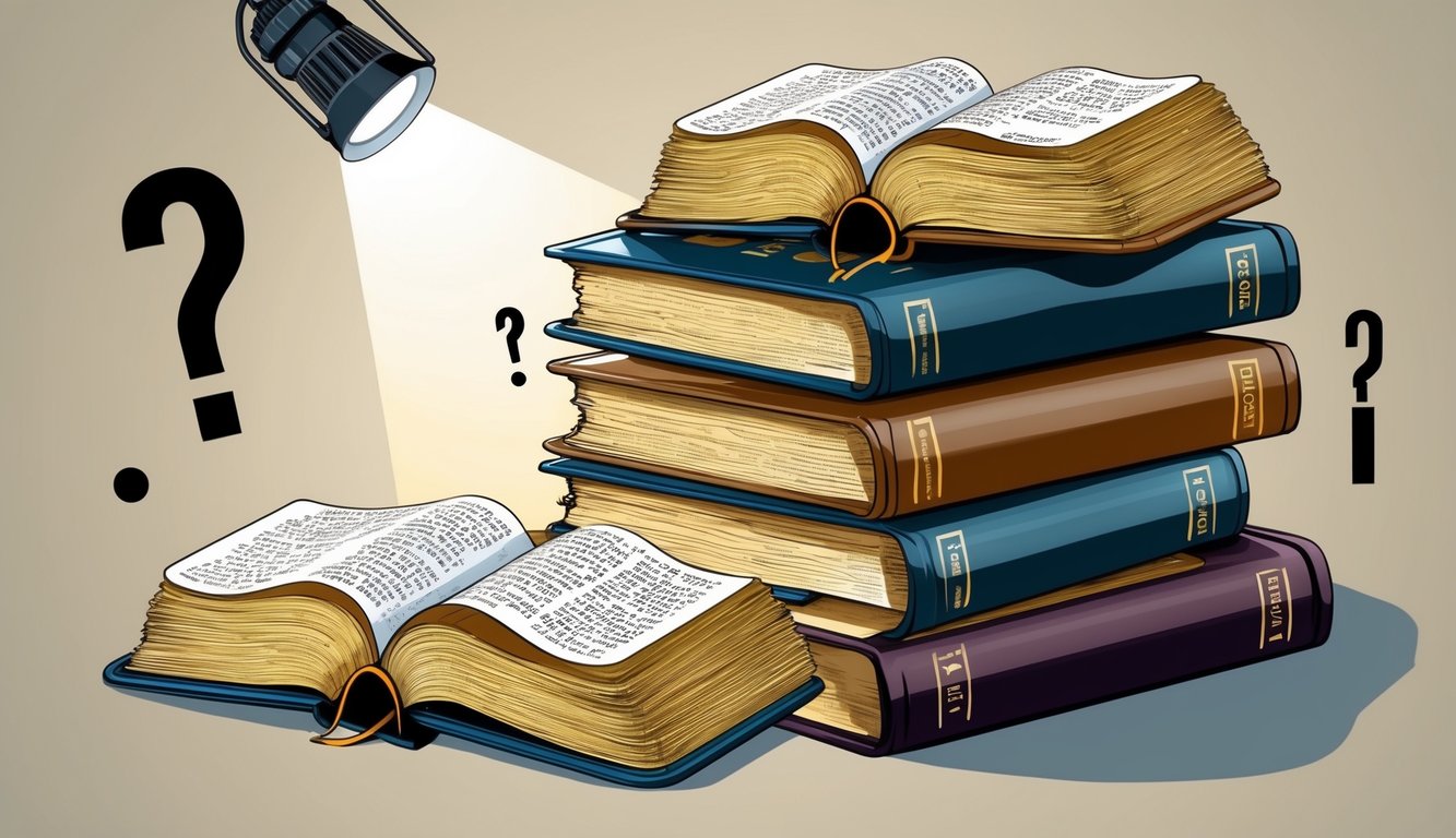 A stack of open Bibles with highlighted verses, surrounded by question marks and a spotlight shining down