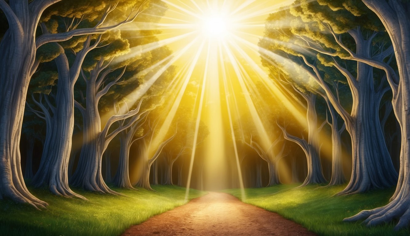 A radiant, golden light shining down from the heavens, illuminating a path through a forest of ancient, towering trees