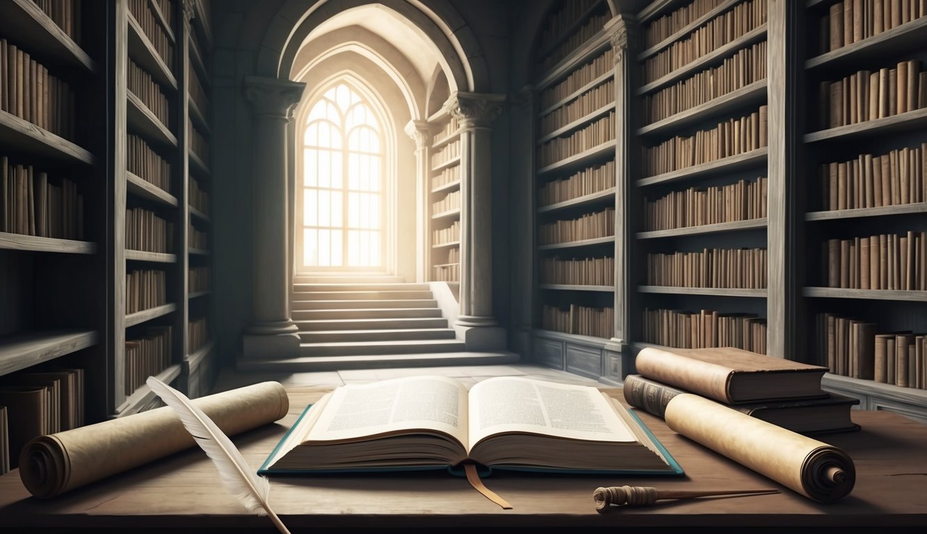 A serene, ancient library with towering bookshelves, soft lighting, and a sense of tranquility.</p><p>An open book lies on a wooden table, surrounded by scrolls and quills