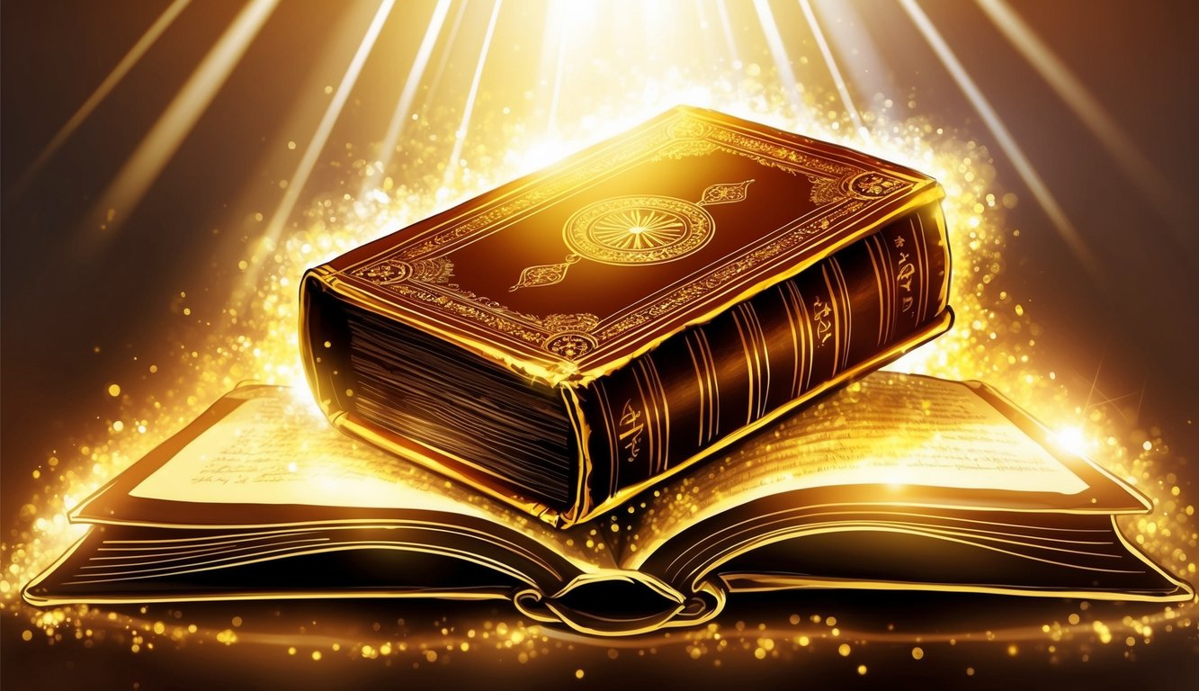 A glowing, ancient-looking book surrounded by beams of light, with a serene and wise atmosphere