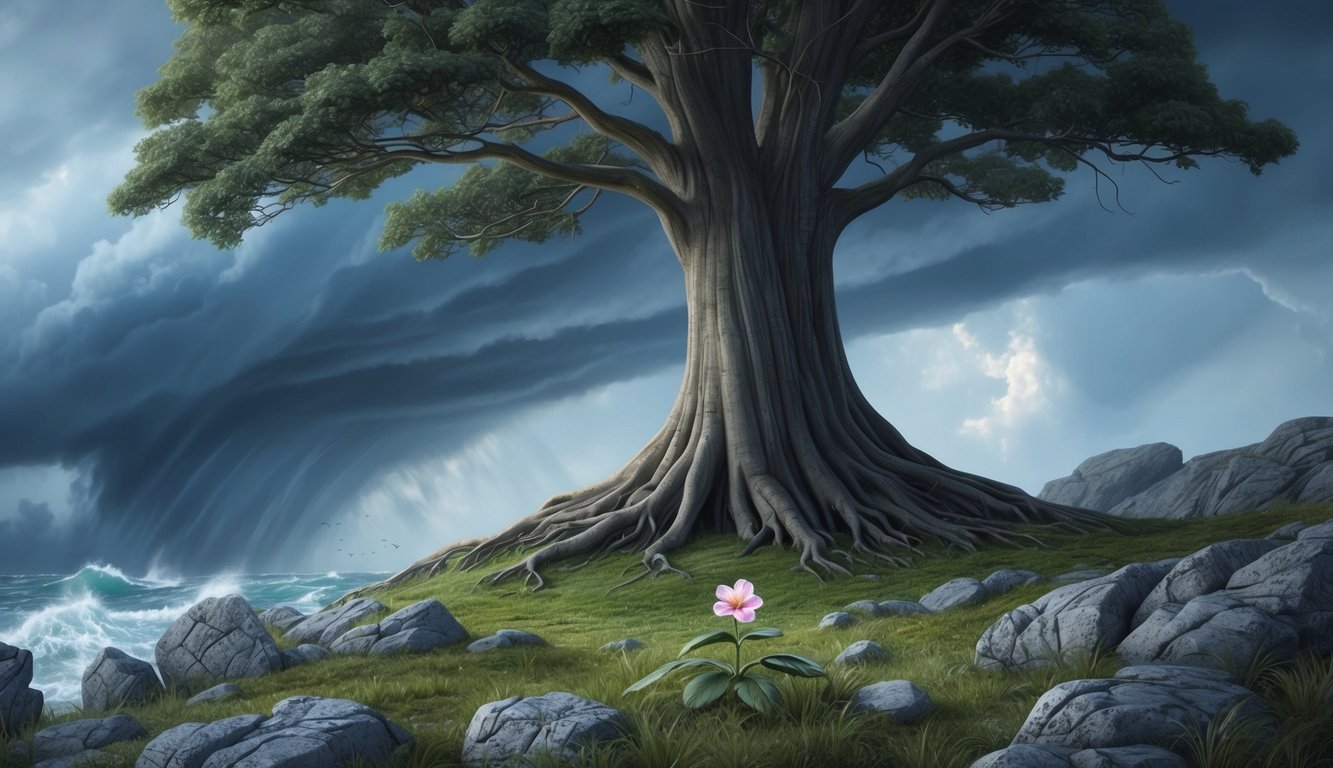 A towering tree with deep roots withstands a powerful storm, while a small but resilient flower blooms in the midst of rocky terrain