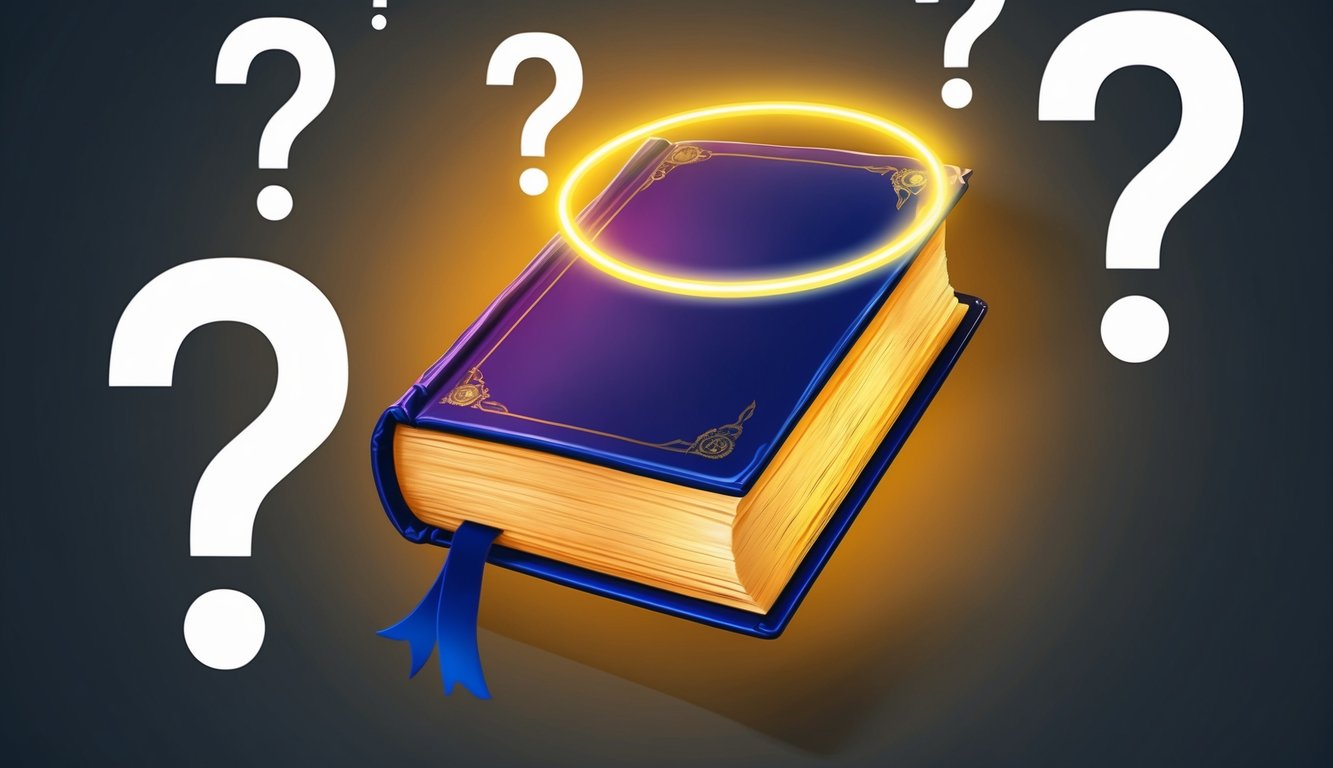 A glowing book with a halo, surrounded by floating question marks