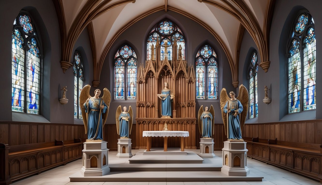 A medieval chapel with Gothic architecture, stained glass windows, and statues of St. Michael the Archangel