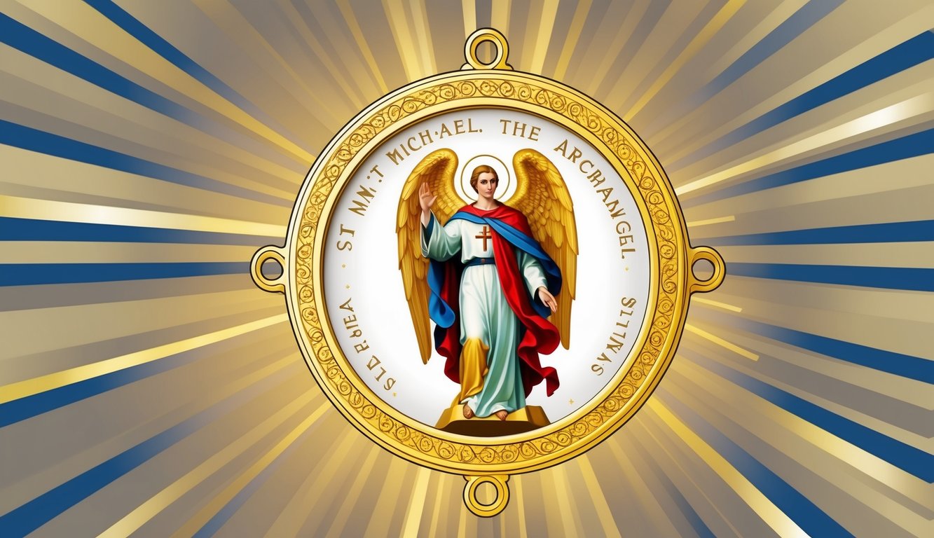 A golden chaplet of St. Michael the Archangel surrounded by rays of light