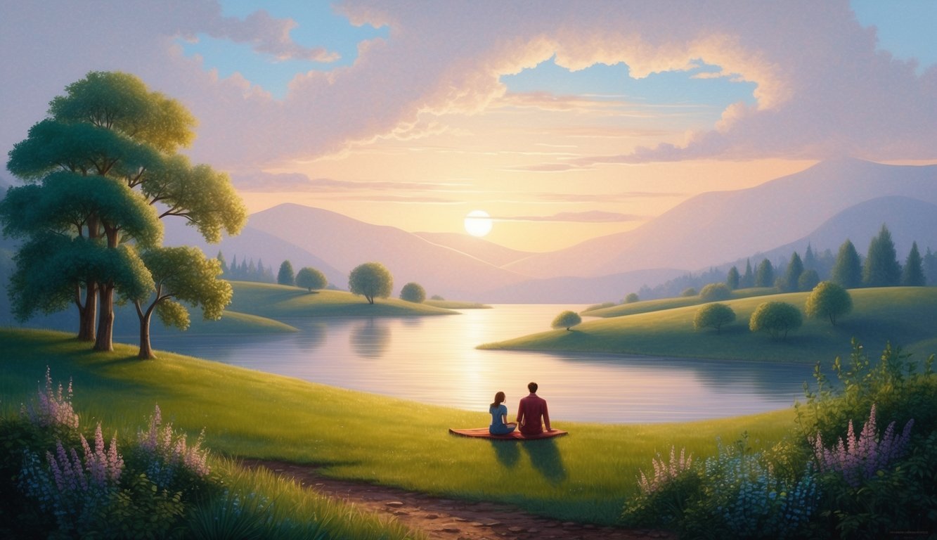 A serene landscape with a peaceful atmosphere, depicting a day of rest and reflection