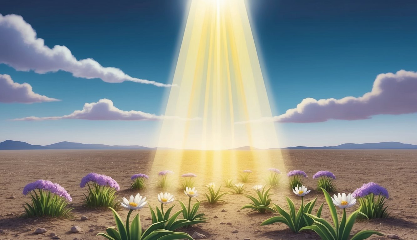 A beam of light shining down on a barren landscape, with flowers blooming in its path, symbolizing the manifestation of grace through Jesus Christ