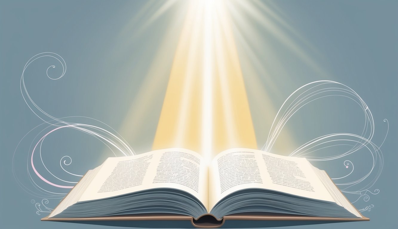 A beam of light shining down on an open book, surrounded by gentle, flowing lines and soft, ethereal colors