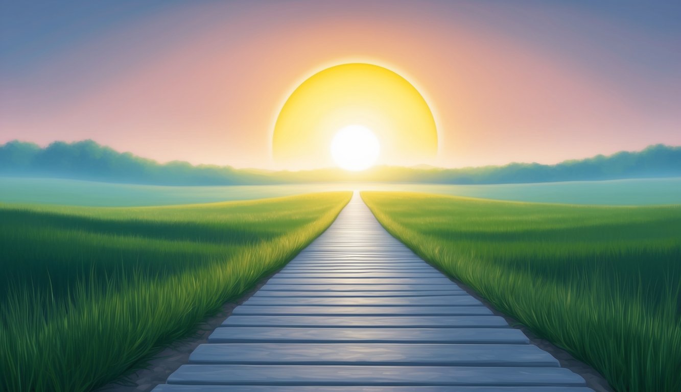 A serene sunrise over a peaceful landscape, with a clear path leading into a bright, hopeful future