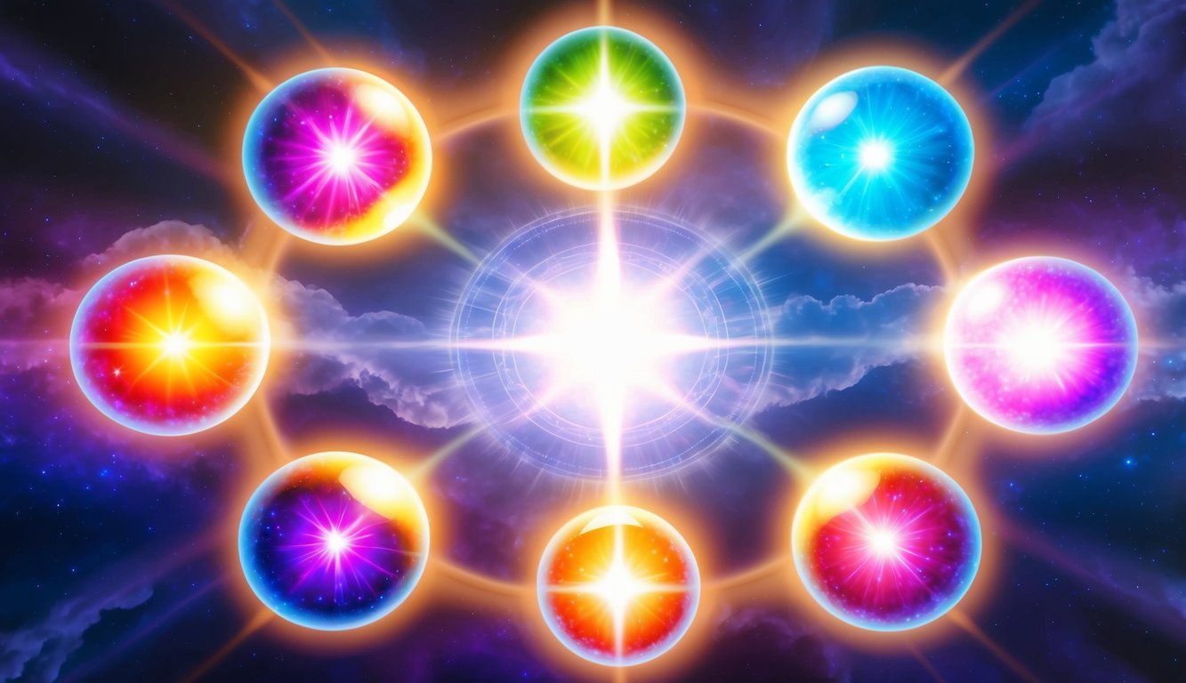 Seven vibrant, glowing orbs of light hover in a circular formation, emanating a sense of peace and divine energy