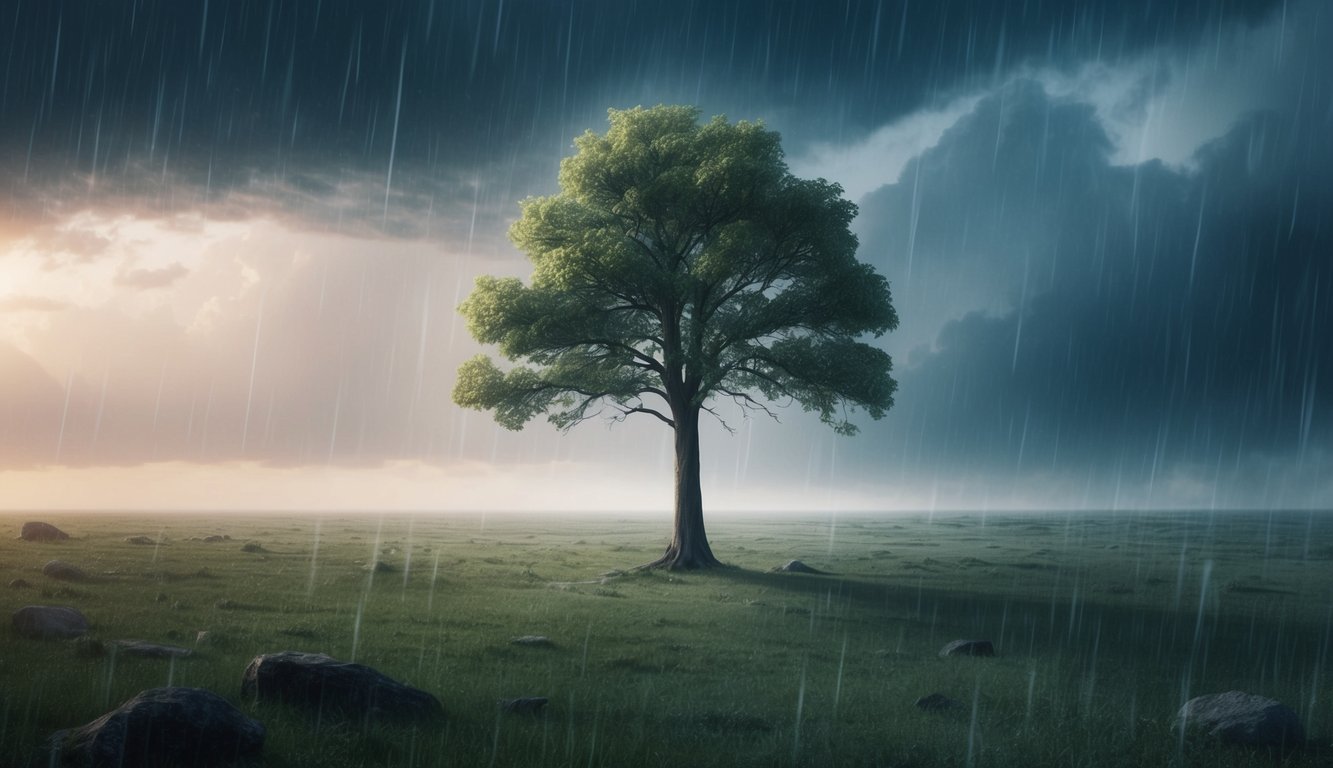 A lone tree standing tall amidst stormy weather, symbolizing unwavering faith amidst challenges