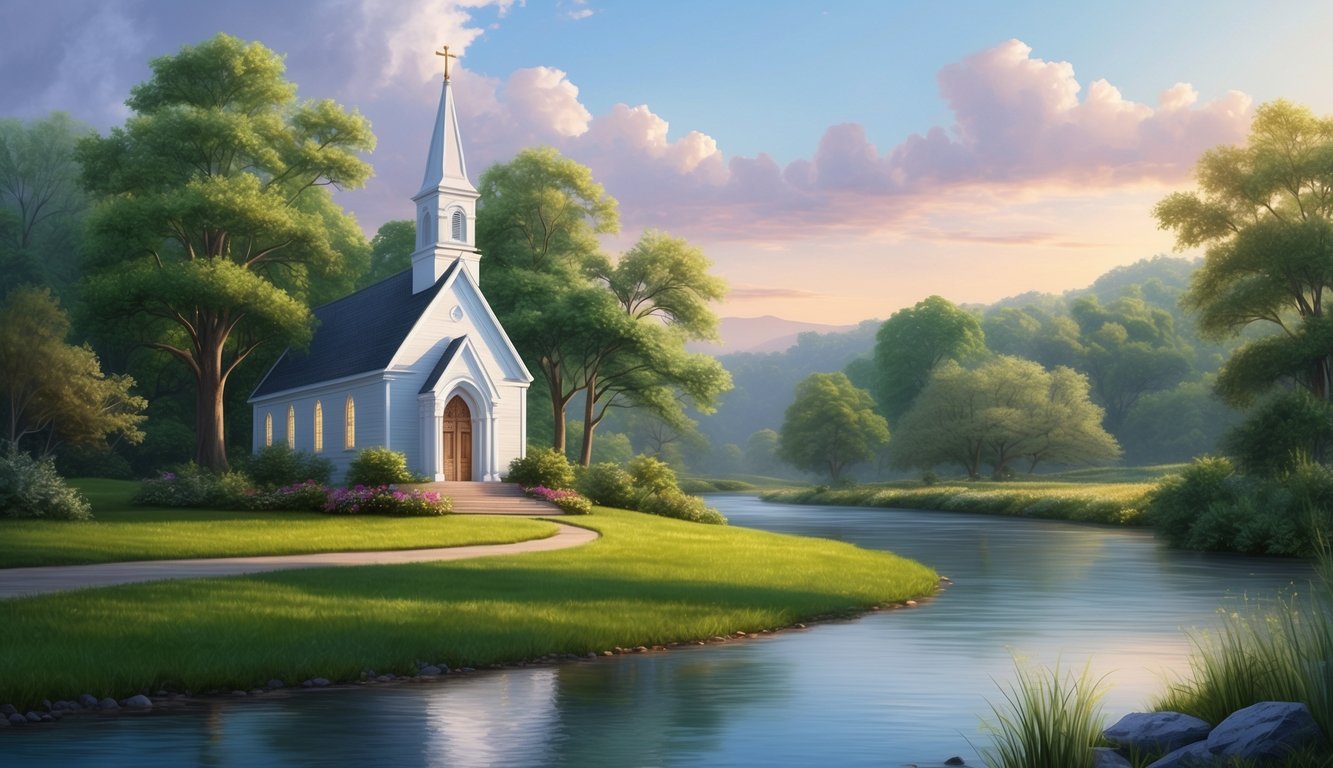 A serene landscape with a small chapel surrounded by lush greenery and a calm river flowing nearby