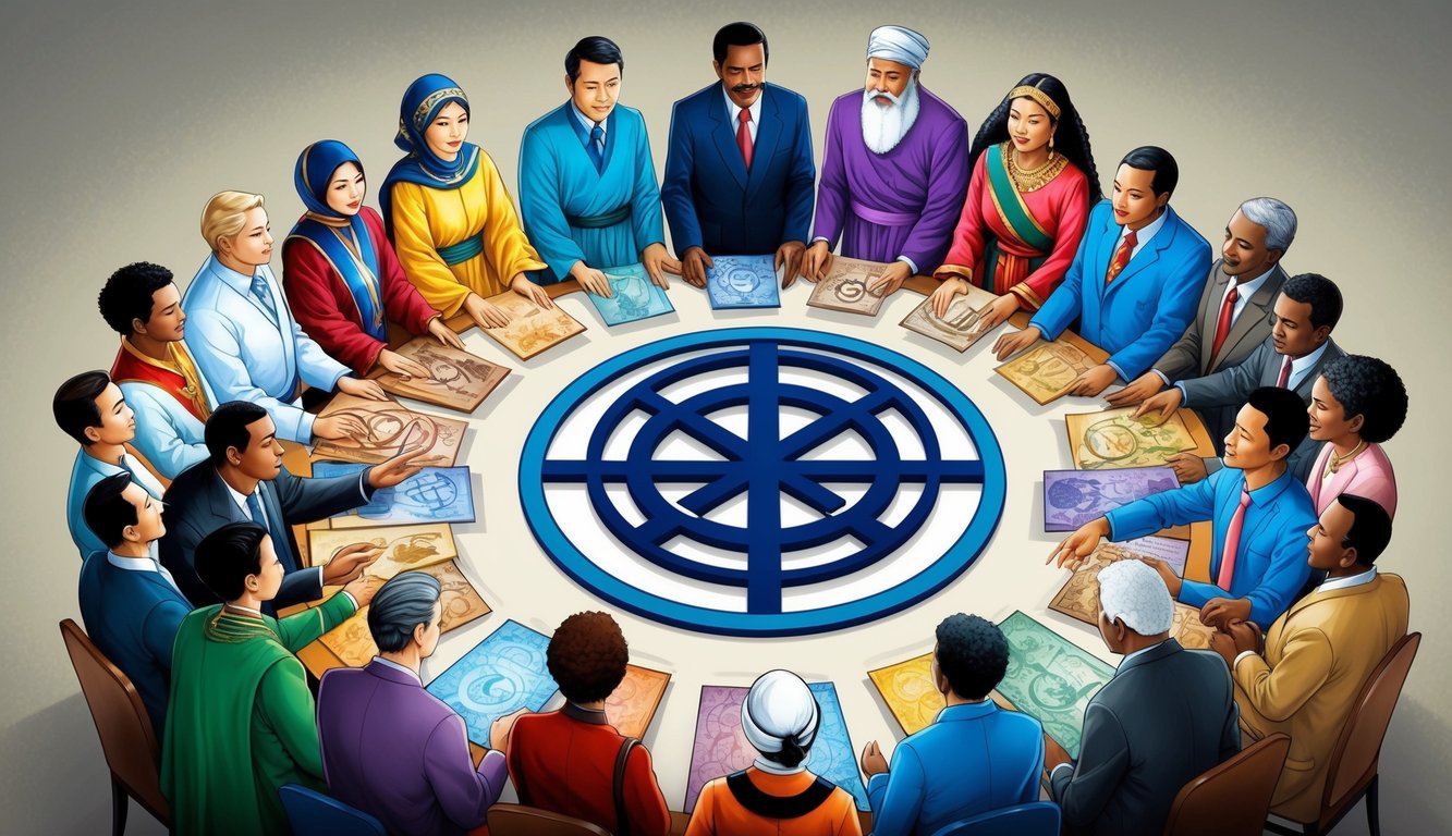 A diverse group of people from different cultures gather around a central symbol, each offering their own interpretation of its meaning