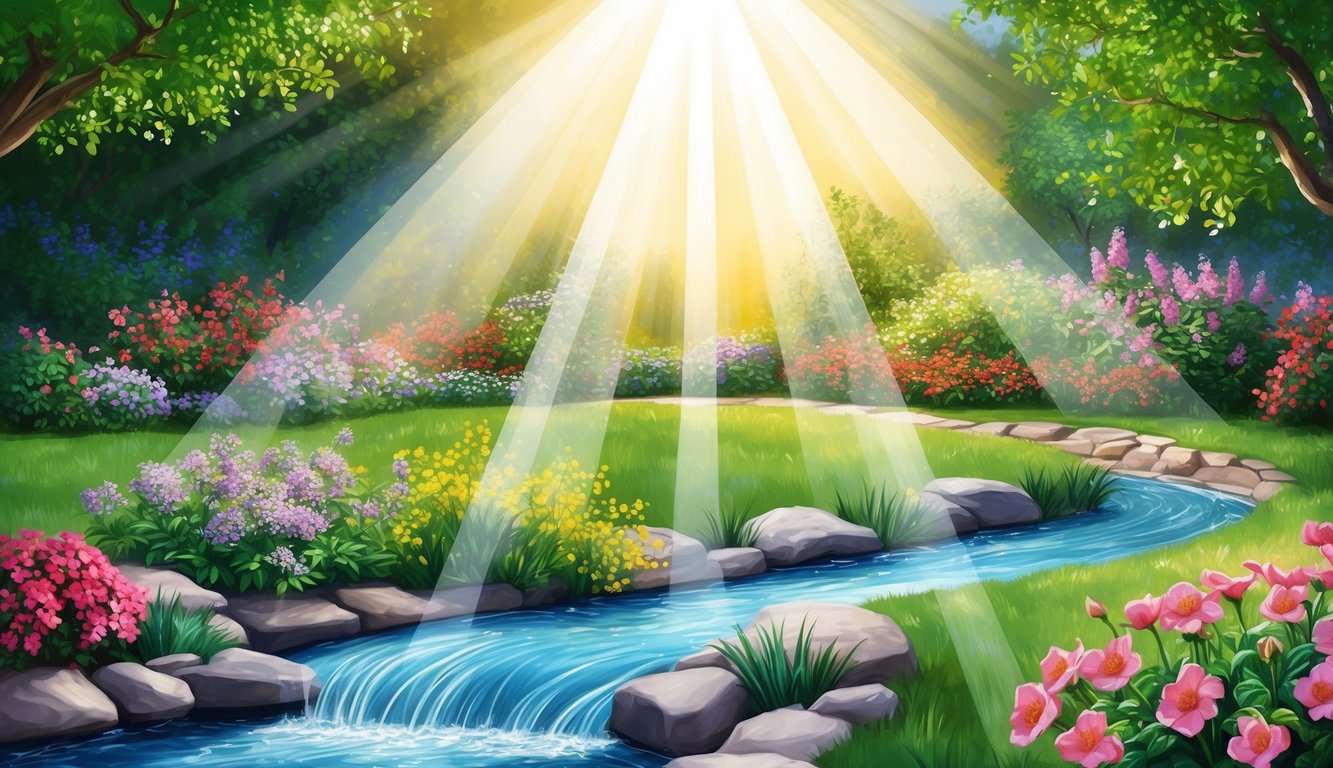 A beam of light shining down onto a garden with a flowing stream and blooming flowers