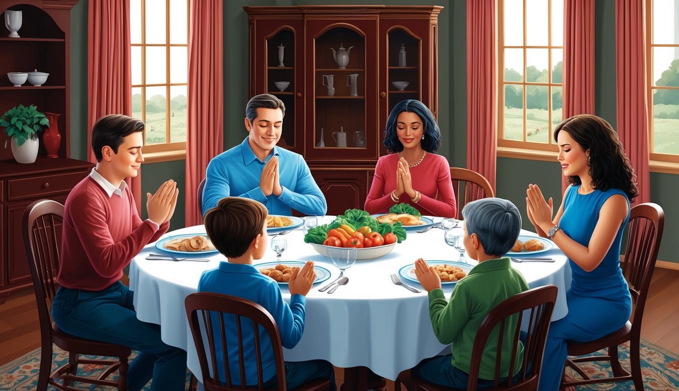 A family sitting around a dinner table, praying before a meal