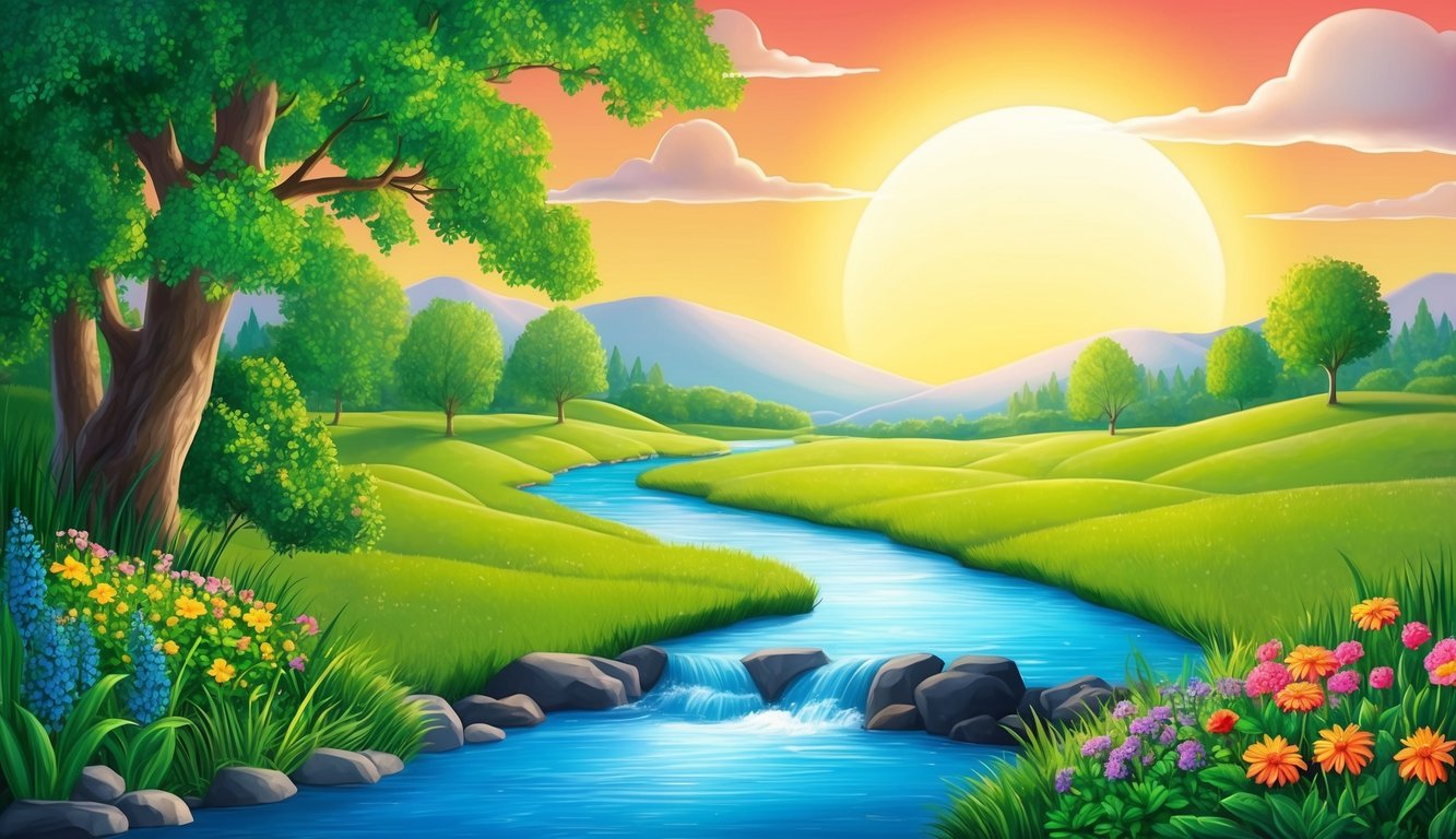 A serene landscape with a glowing sun and a flowing river, surrounded by lush greenery and colorful flowers