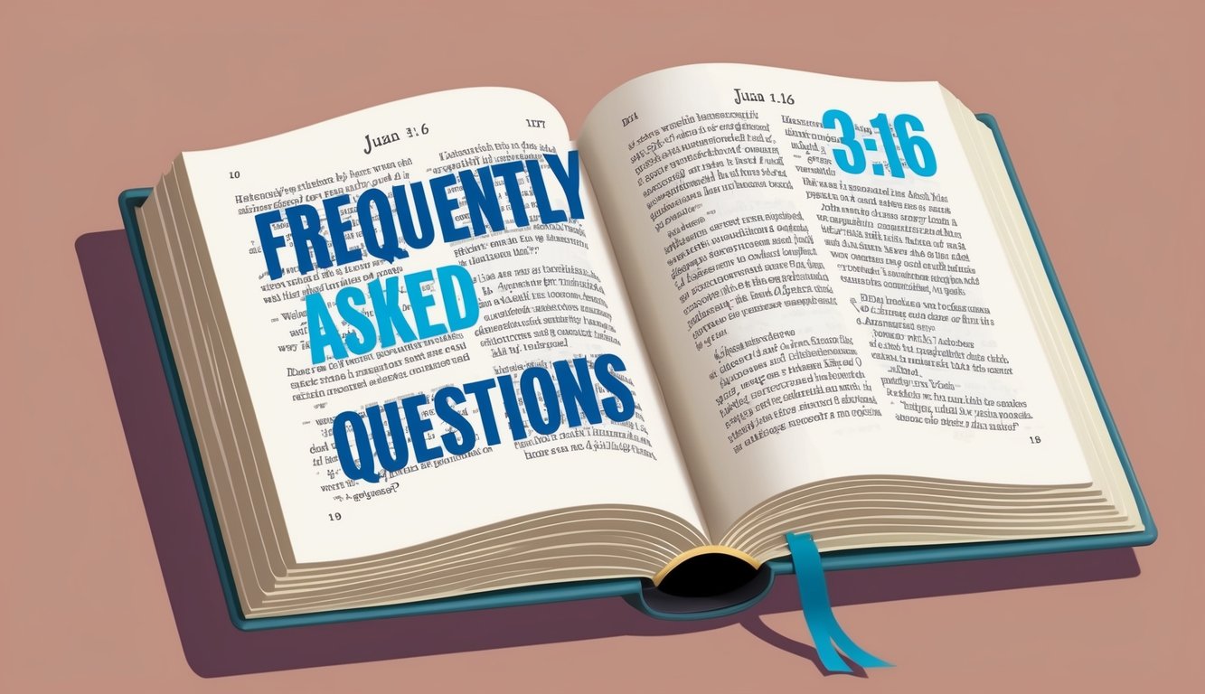 A serene, open book with the words "Frequently Asked Questions" and "Juan 3:16" highlighted on the page