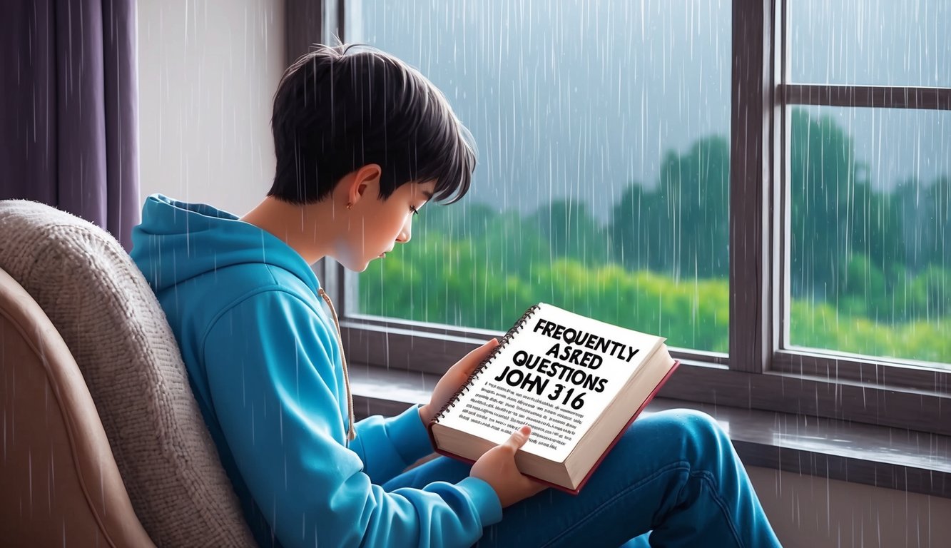 A person pondering over a book with the title "Frequently Asked Questions John 316" while sitting in a cozy chair by a window on a rainy day