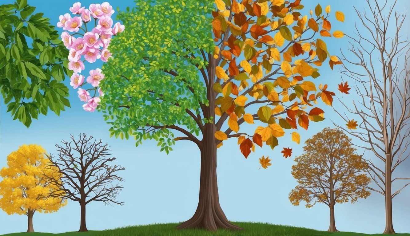 A tree changing with the seasons: blooming flowers, lush leaves, falling leaves, bare branches