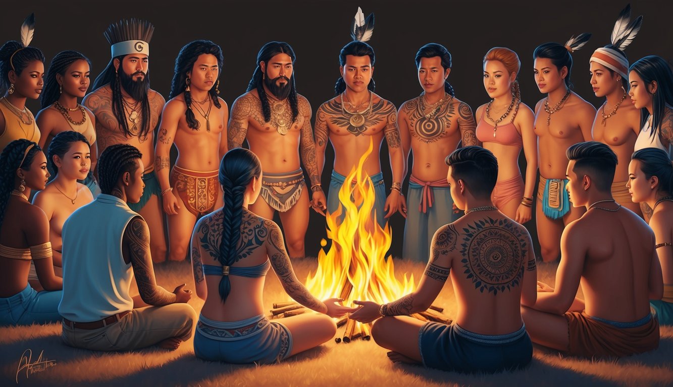 A group of people from different cultures gather around a sacred fire, each displaying their unique tattoos as a symbol of their cultural and social identity