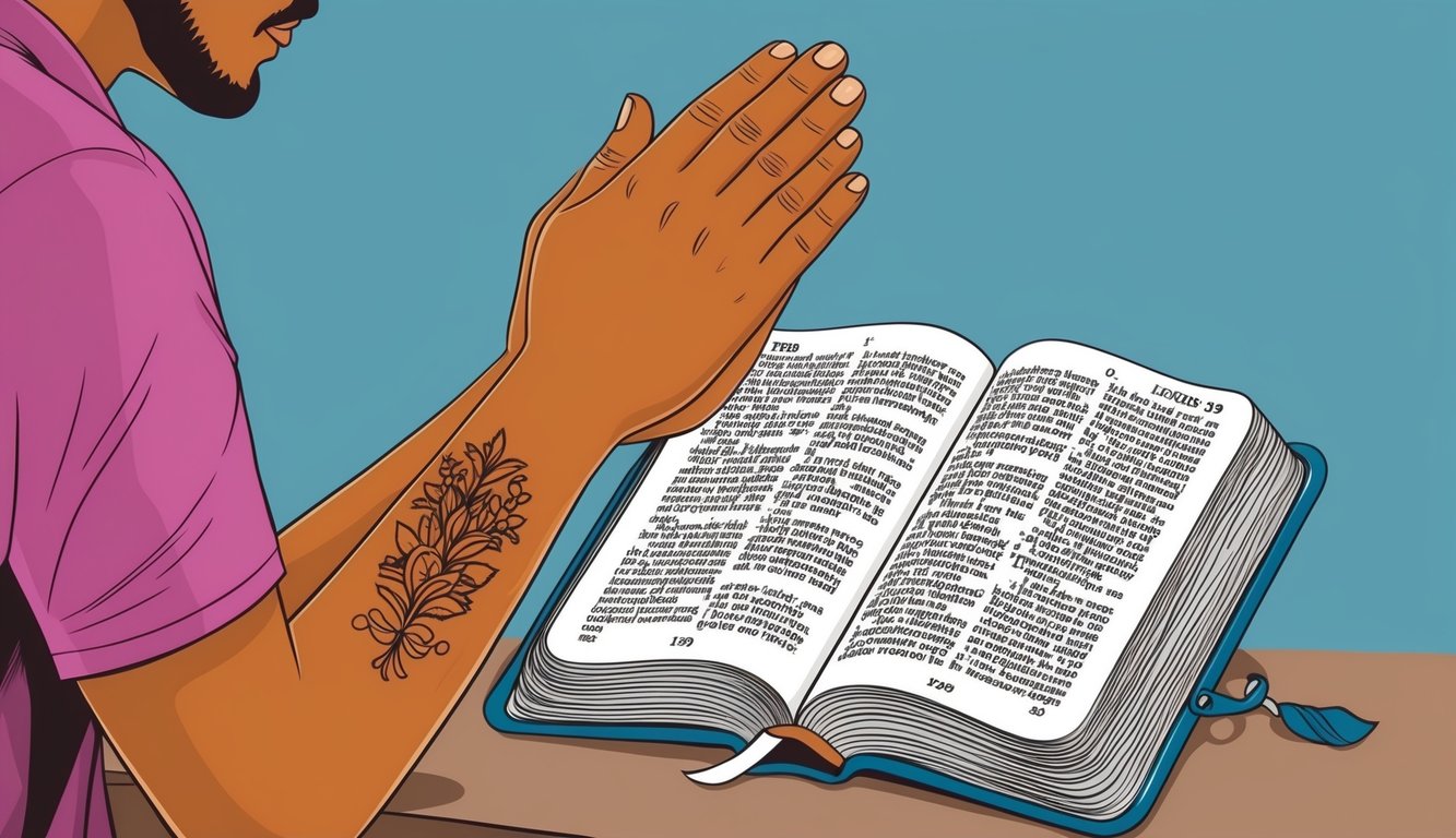 A person praying with a Bible open to Leviticus 19:28, with a visible tattoo on their arm