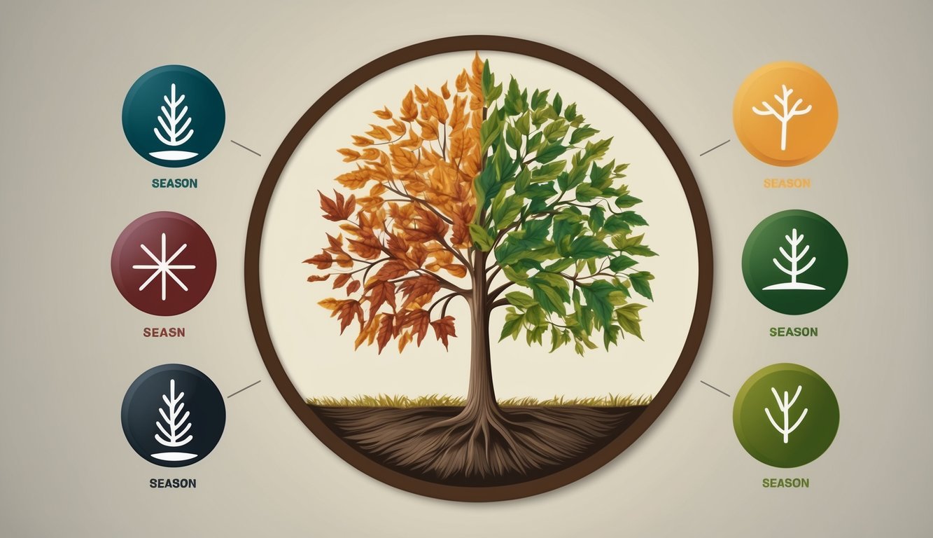 A tree with changing leaves in a circle, surrounded by symbols representing different seasons