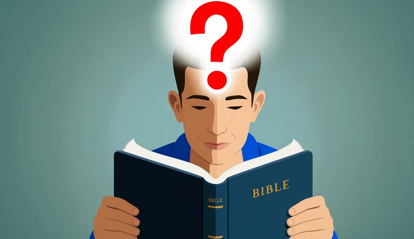 A person reading a Bible with a question mark above their head