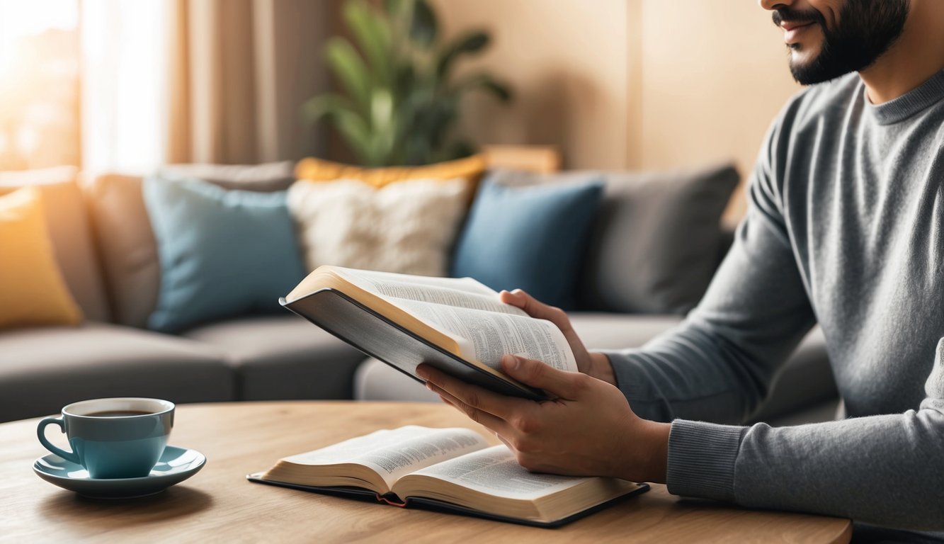 A person reading the Bible in a modern living room with a warm, cozy atmosphere.</p><p>A cup of coffee or tea sits on a nearby table