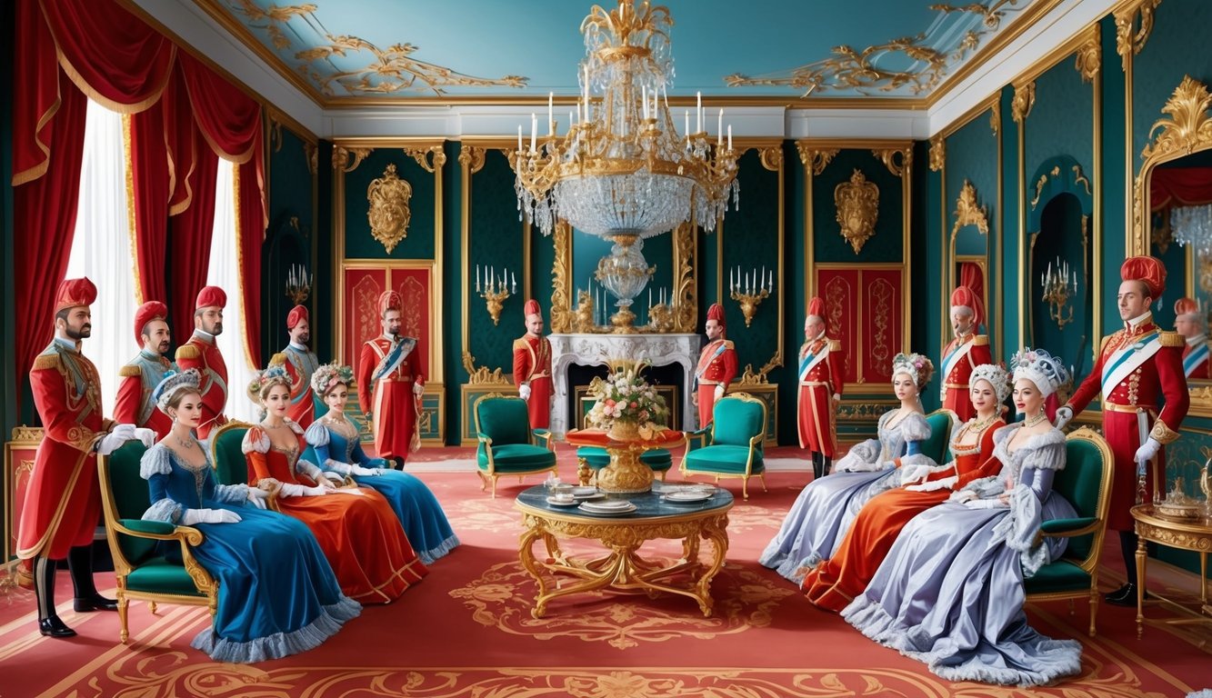 A lavish palace with opulent furnishings and wealthy attendants