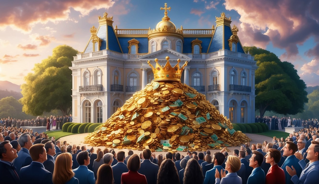 A lavish mansion with a golden crown and a pile of riches, surrounded by a crowd of people in awe