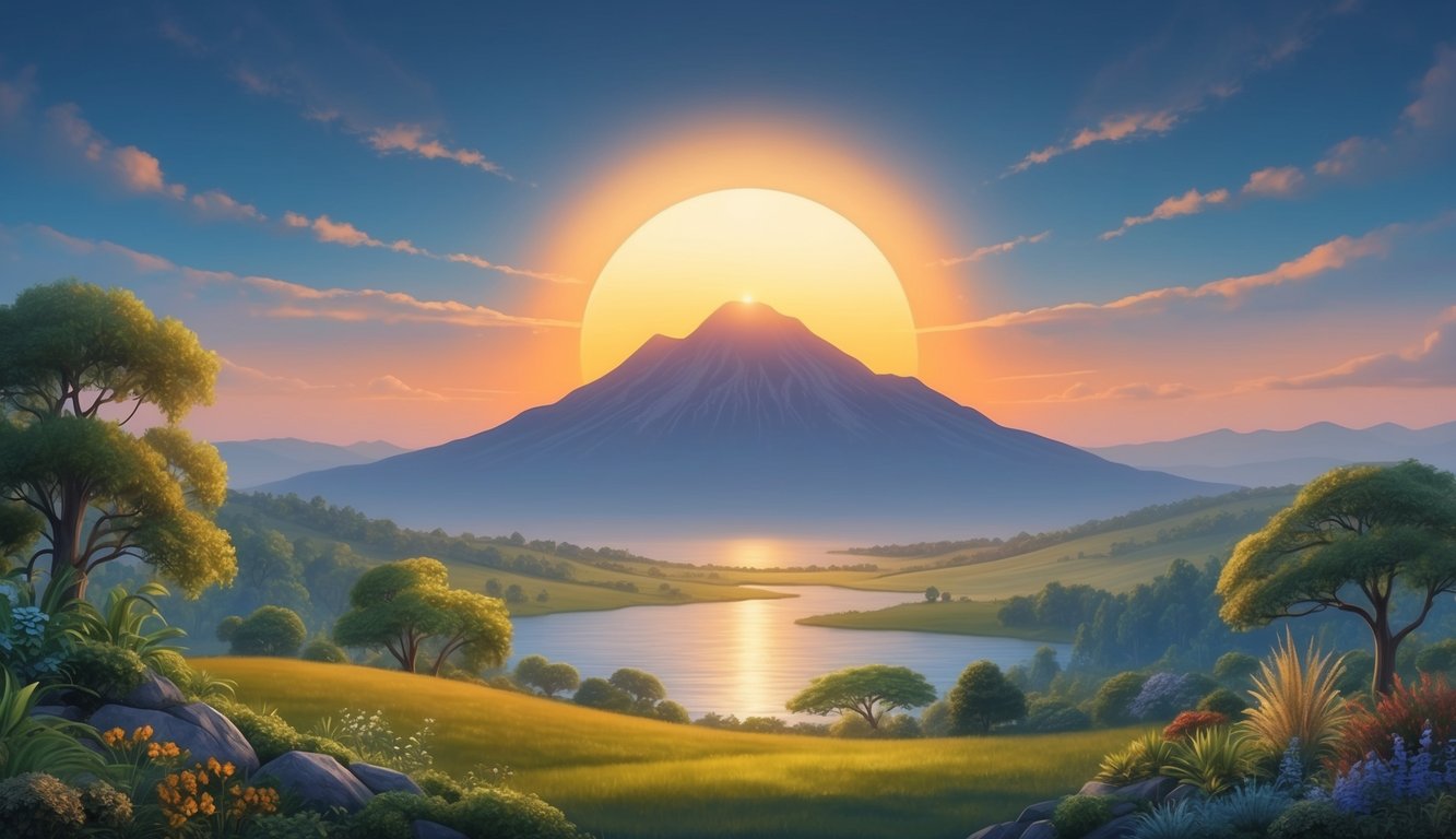 A serene landscape with a majestic sun setting behind a mountain, casting a warm glow over the earth and its diverse flora and fauna