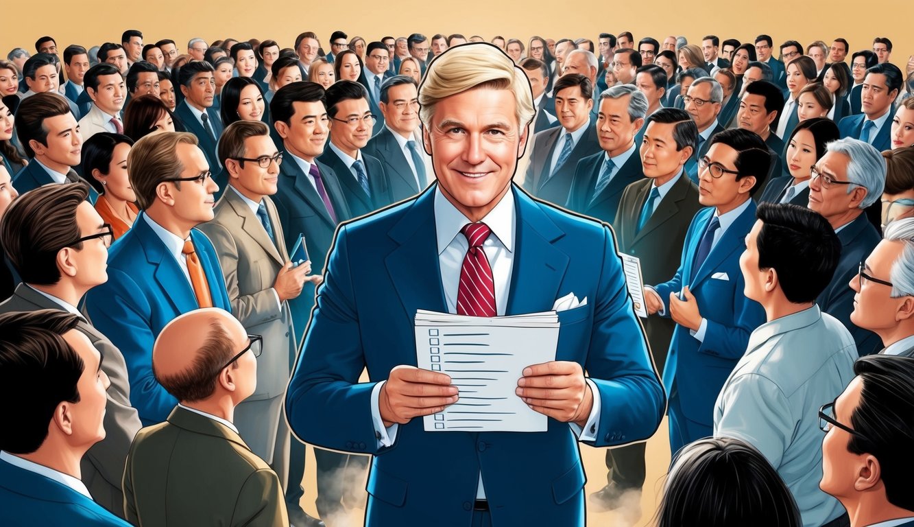 A well-dressed, wealthy individual surrounded by a crowd, holding a list of questions