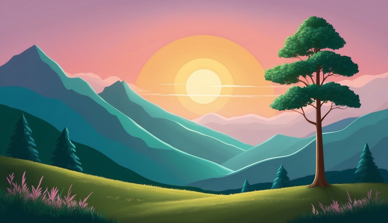 A serene mountain landscape with a solitary tree standing tall against a colorful sunset, symbolizing enduring faith and a relationship with God