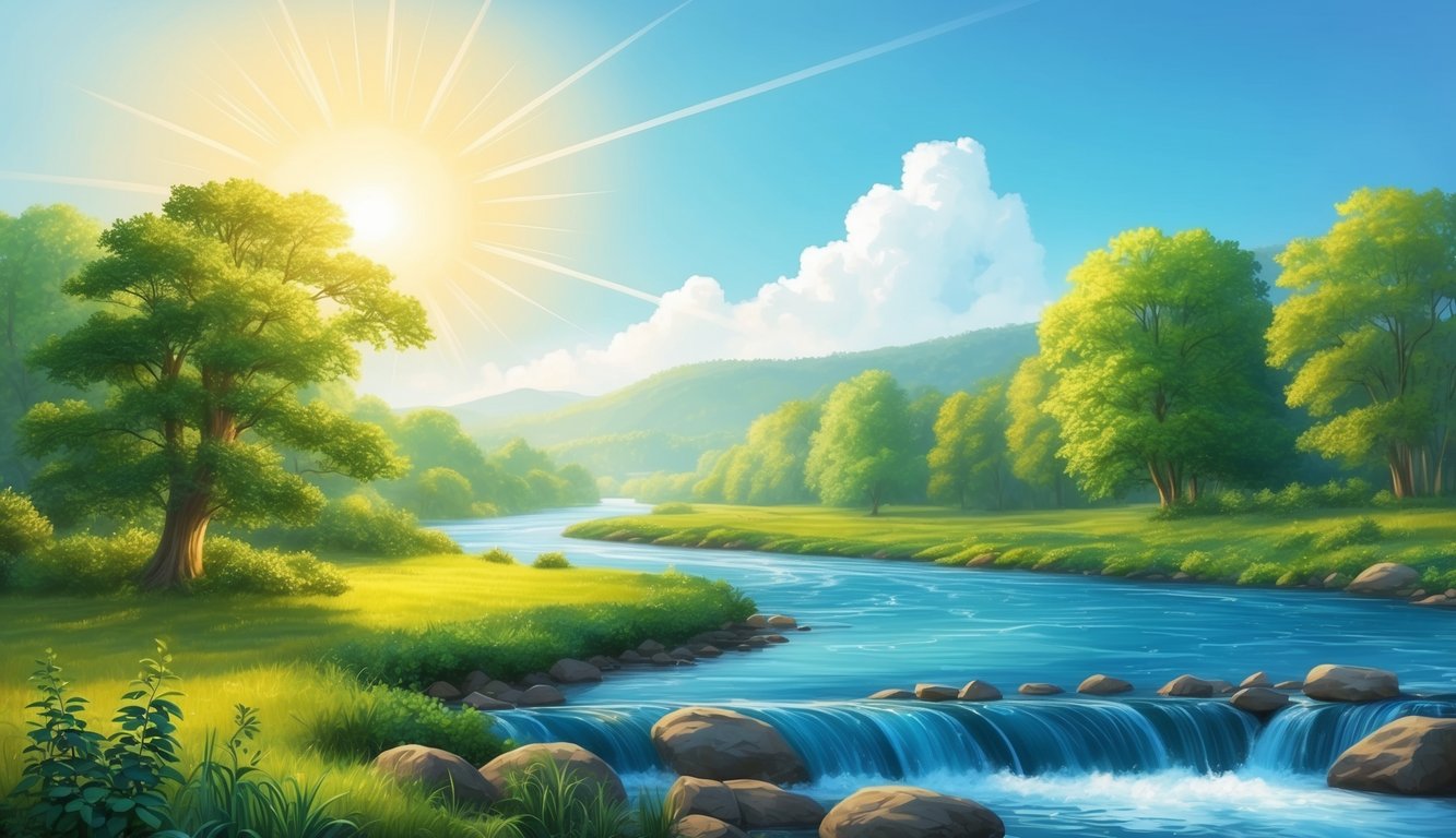 A serene landscape with a flowing river, lush greenery, and a radiant sun shining down from a clear blue sky